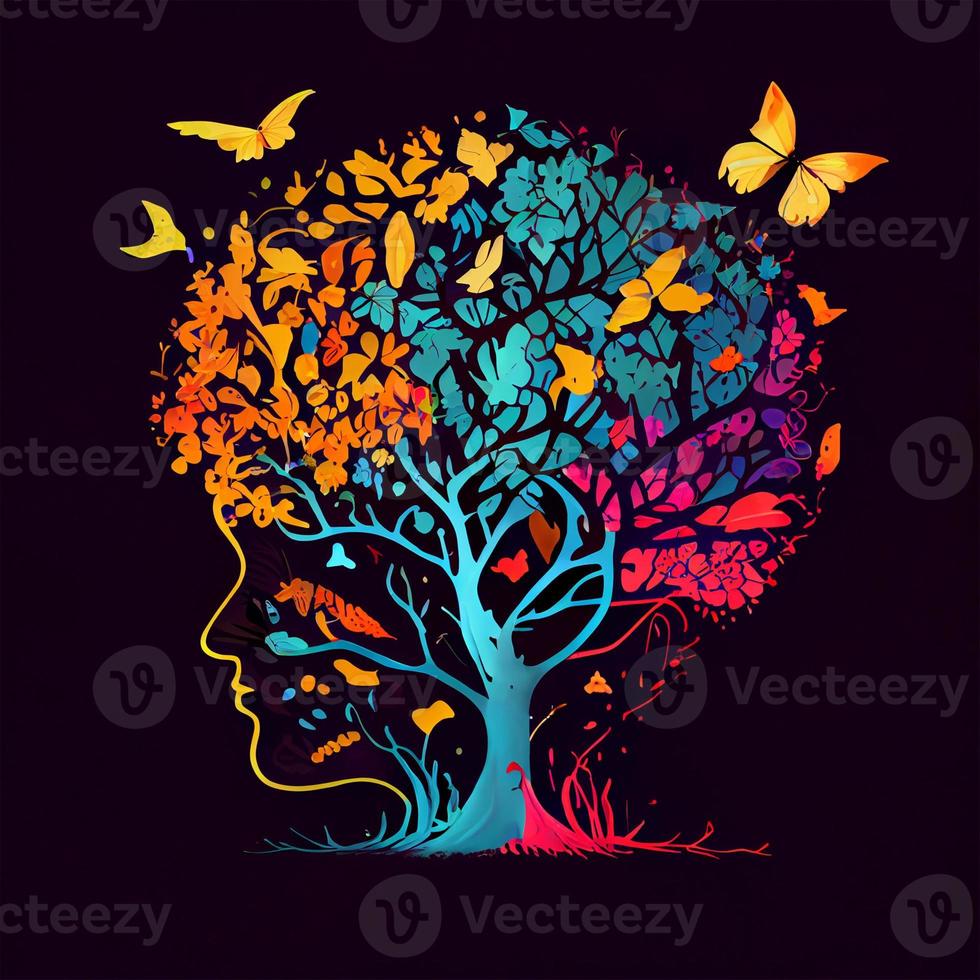 Human brain tree with flowers and butterflies, concept of self care, mind, ideas, creativity - AI generated image photo