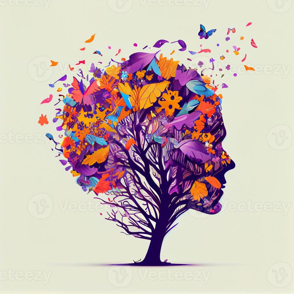 Human brain tree with flowers and butterflies, concept of self care, mind, ideas, creativity - AI generated image photo