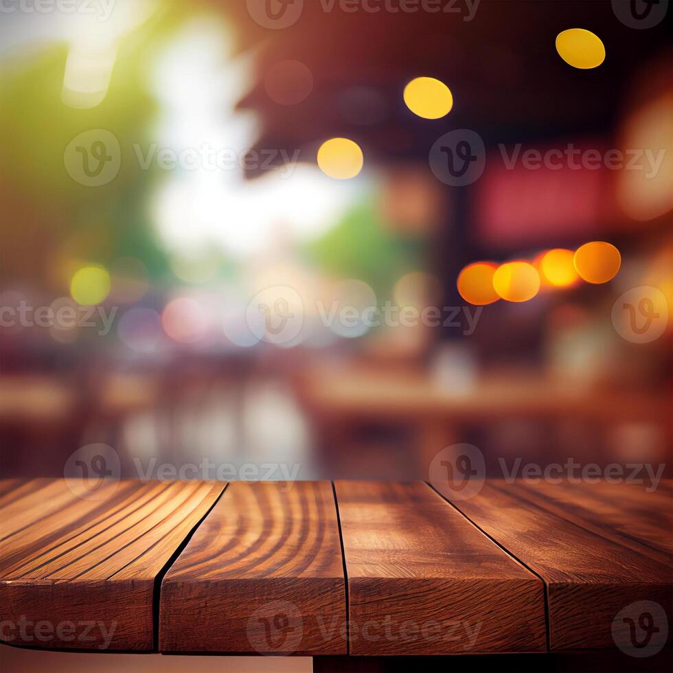 Wooden table top in cafe blurred bokeh background - image photo
