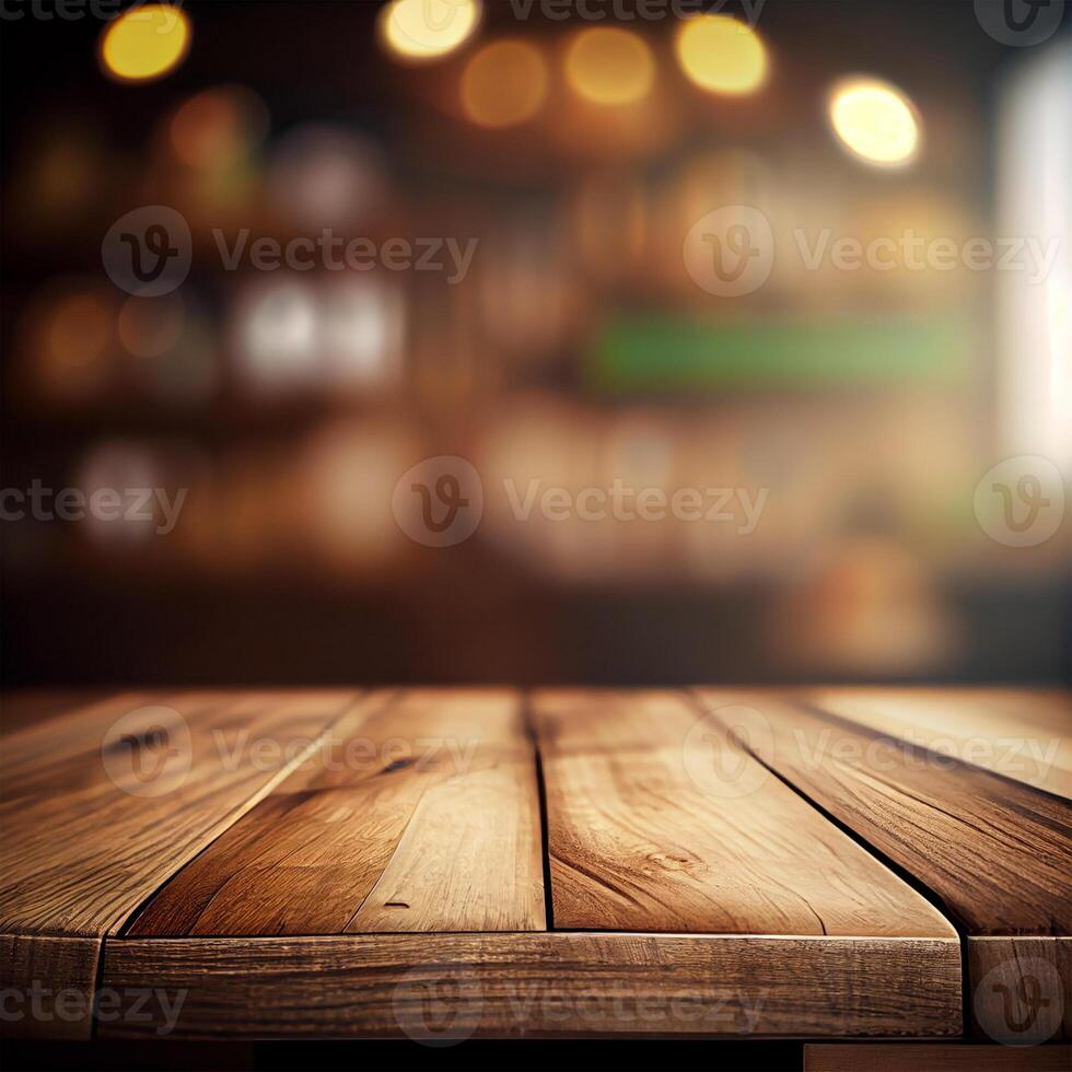 Wooden table top in cafe blurred bokeh background - image photo