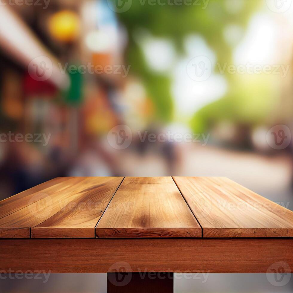 Wooden table top in cafe blurred bokeh background - image photo