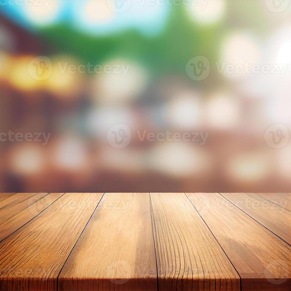 Wooden table top in cafe blurred bokeh background - image photo