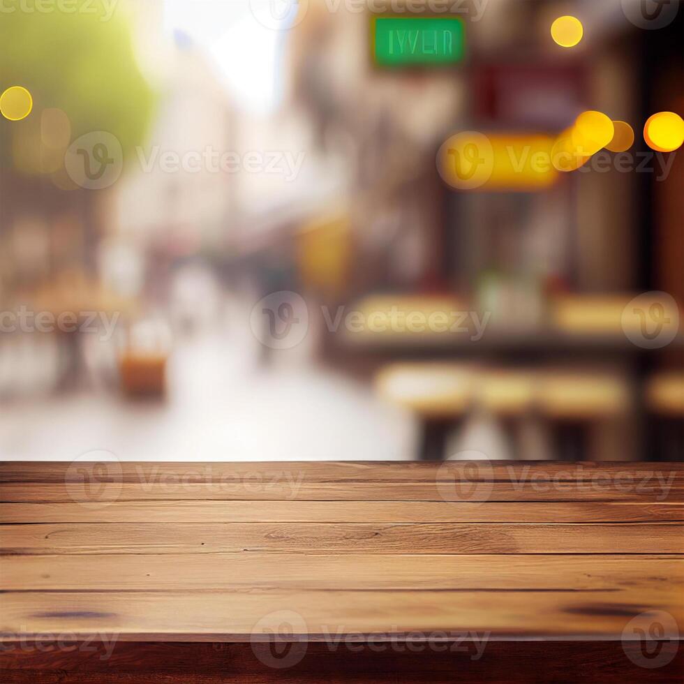 Wooden table top in cafe blurred bokeh background - image photo