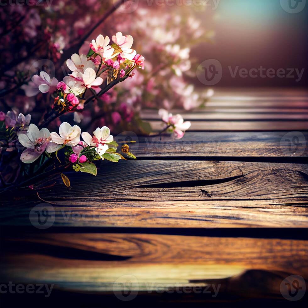 Spring season flowering plant branches with wooden table stand, floral background - image photo