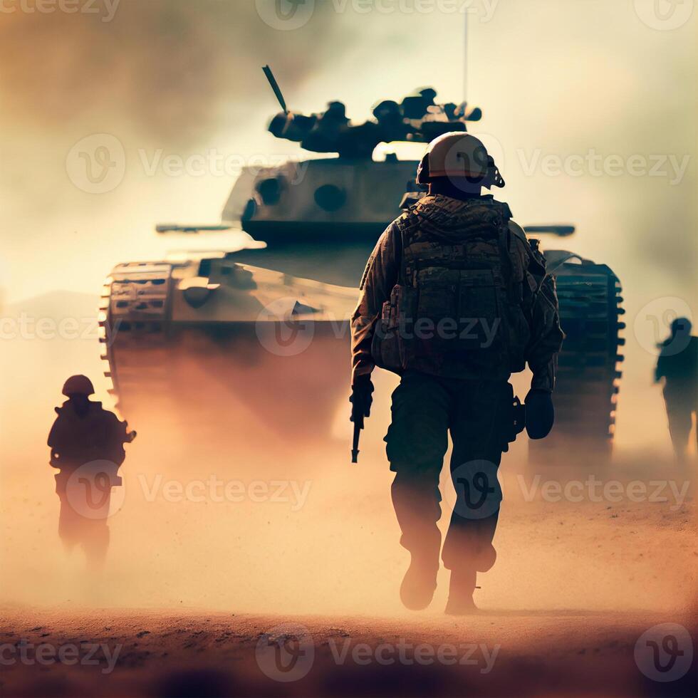Large military tank, infantry fire support in war - image photo