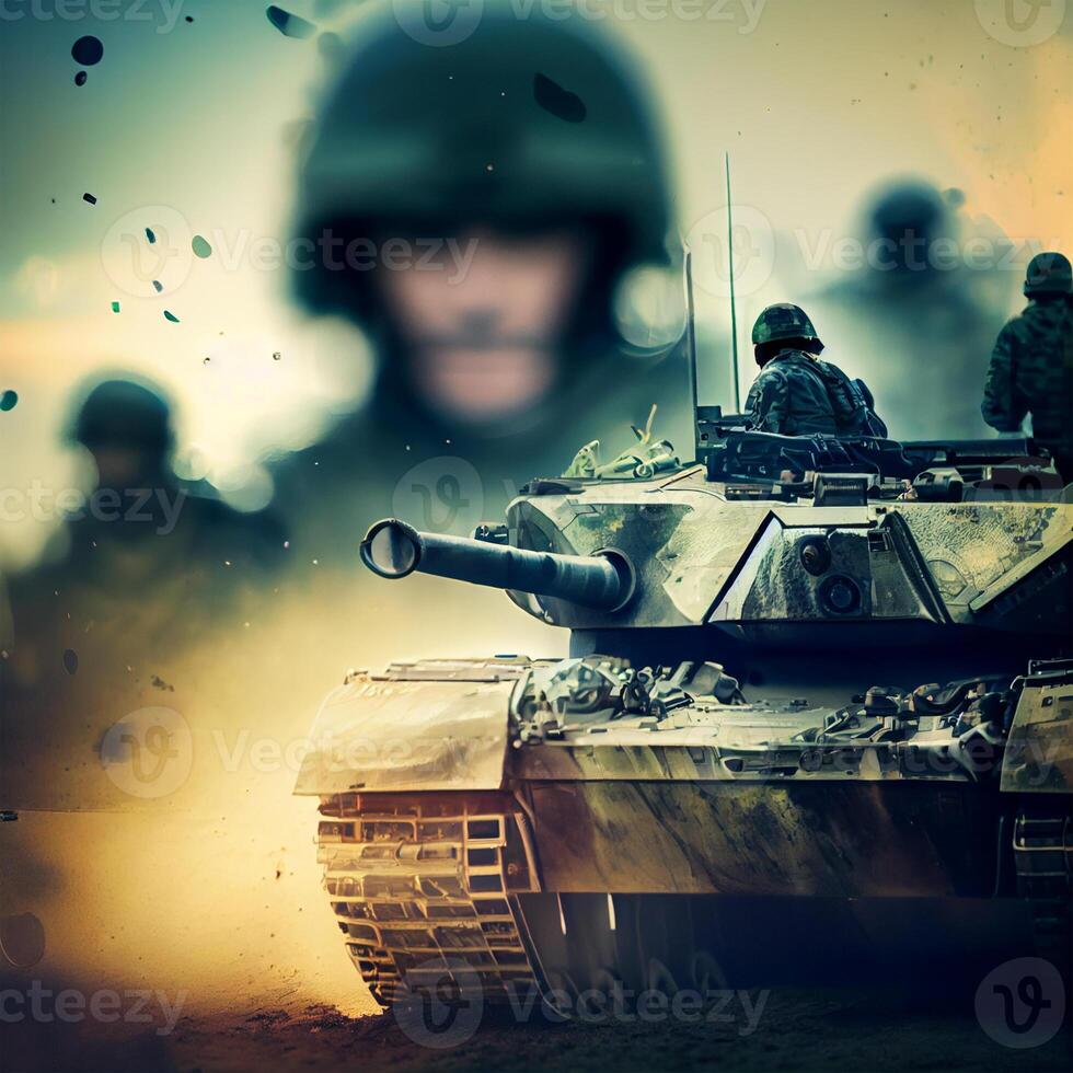 Large military tank, infantry fire support in war - image photo