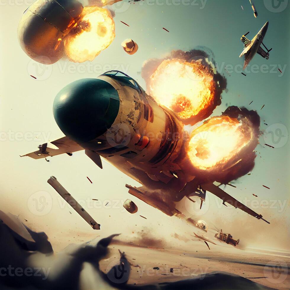 Downed falling blown up military aircraft - image photo