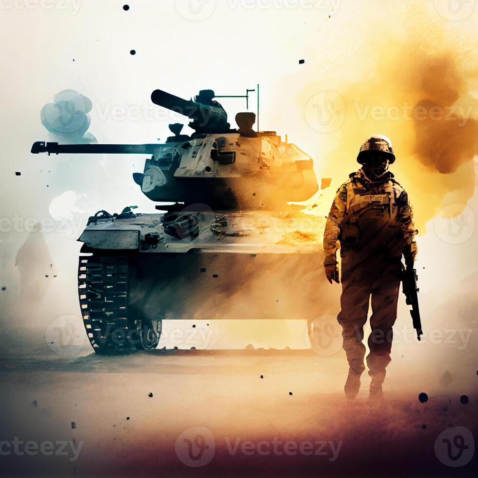 Large military tank, infantry fire support in war - image photo
