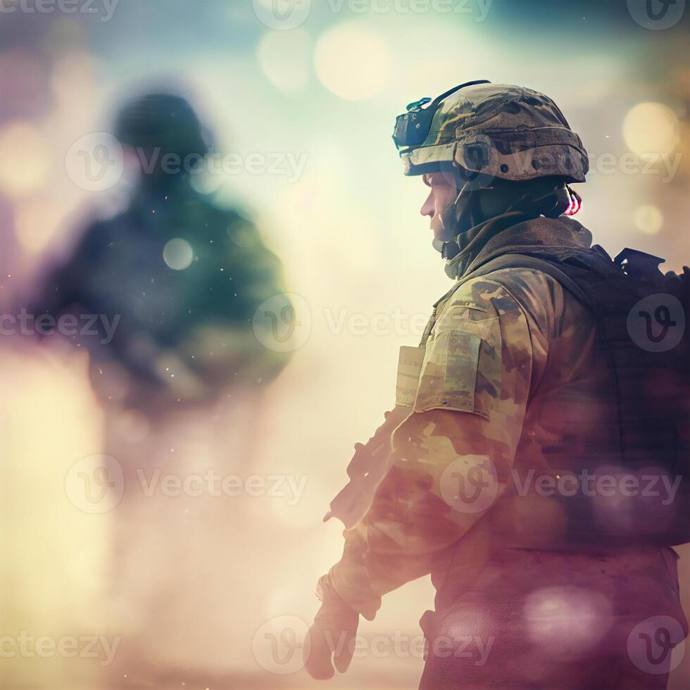 soldado en el antecedentes de lucha, borroso antecedentes - ai generado imagen foto