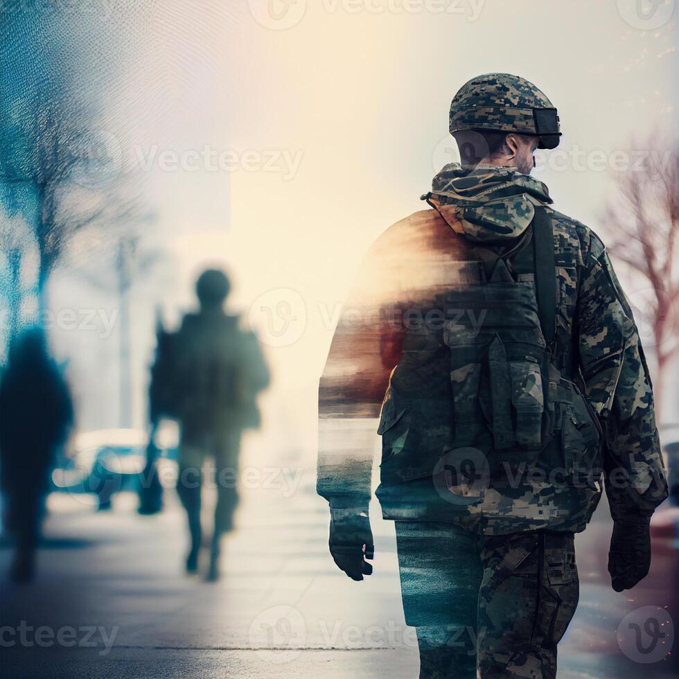 Soldier on the background of fighting, blurred background - image photo