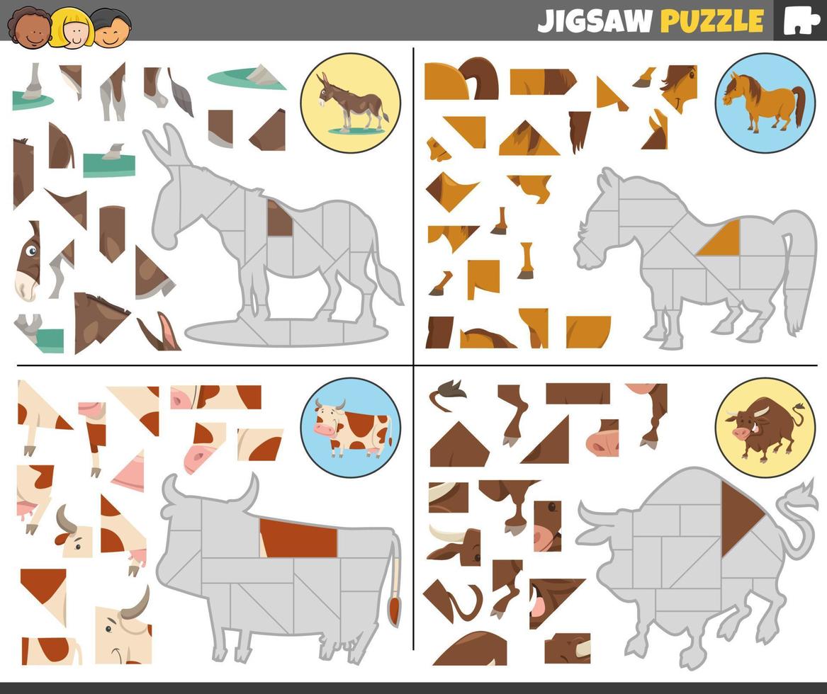 jigsaw puzzle games set with cartoon farm animals vector