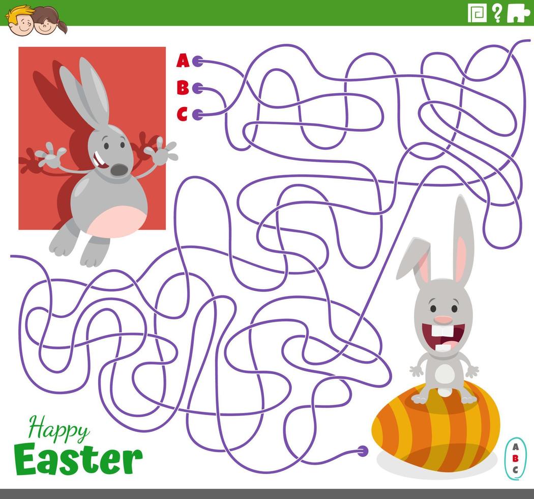 maze game with cartoon Easter Bunnies and egg vector