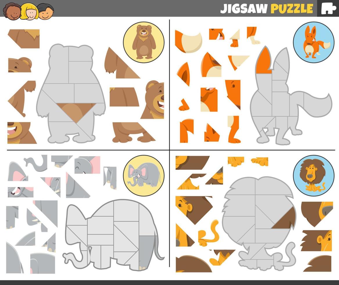 jigsaw puzzle games set with funny cartoon animals vector