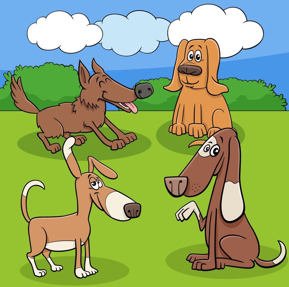 cartoon playful dogs and puppies characters in a park vector