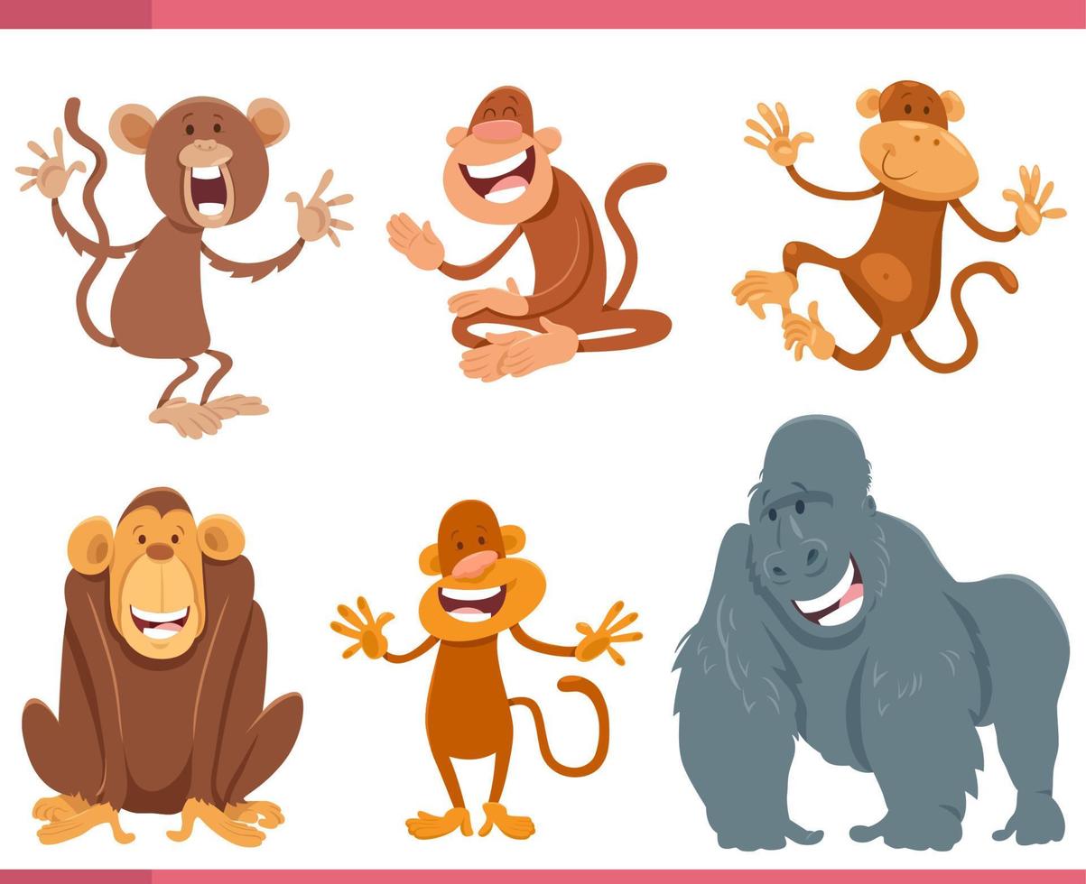gracioso dibujos animados monos y simios animal caracteres conjunto vector