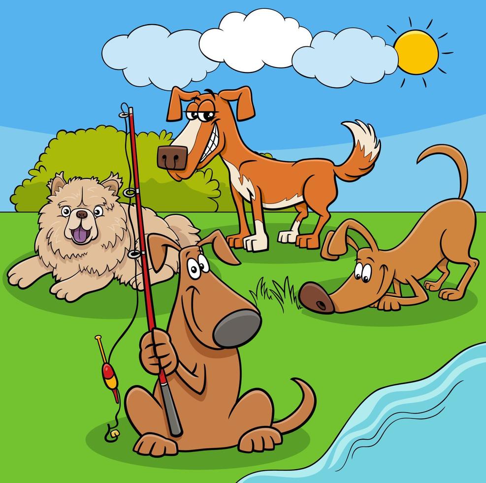 happy cartoon dogs and puppies characters outdoor vector
