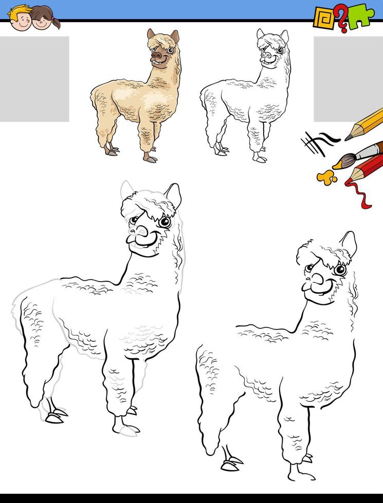 dibujo y colorante tarea con dibujos animados llama o alpaca vector