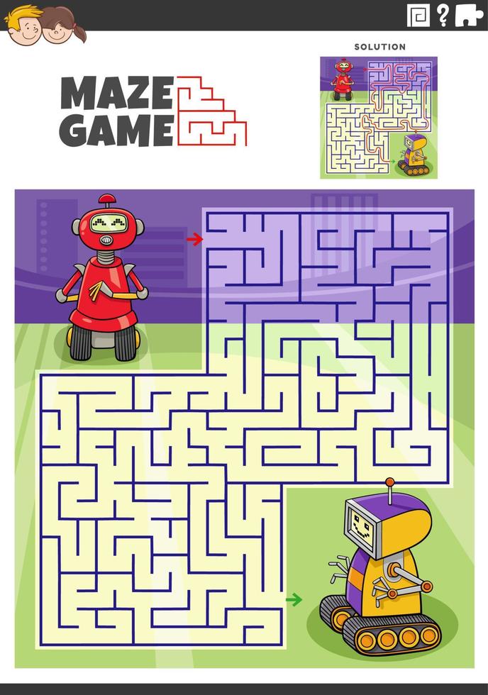 maze game with cartoon robots or droids characters vector