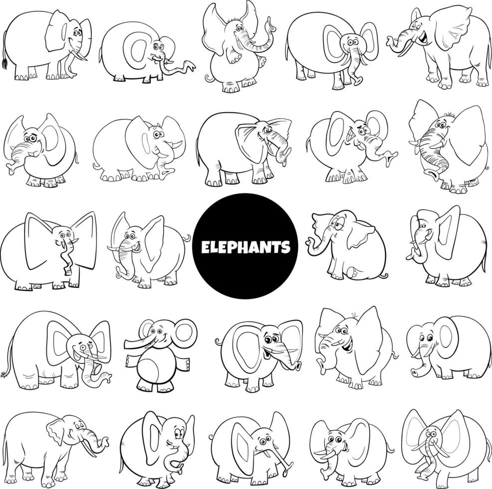 dibujos animados elefantes animal caracteres grande conjunto colorante página vector