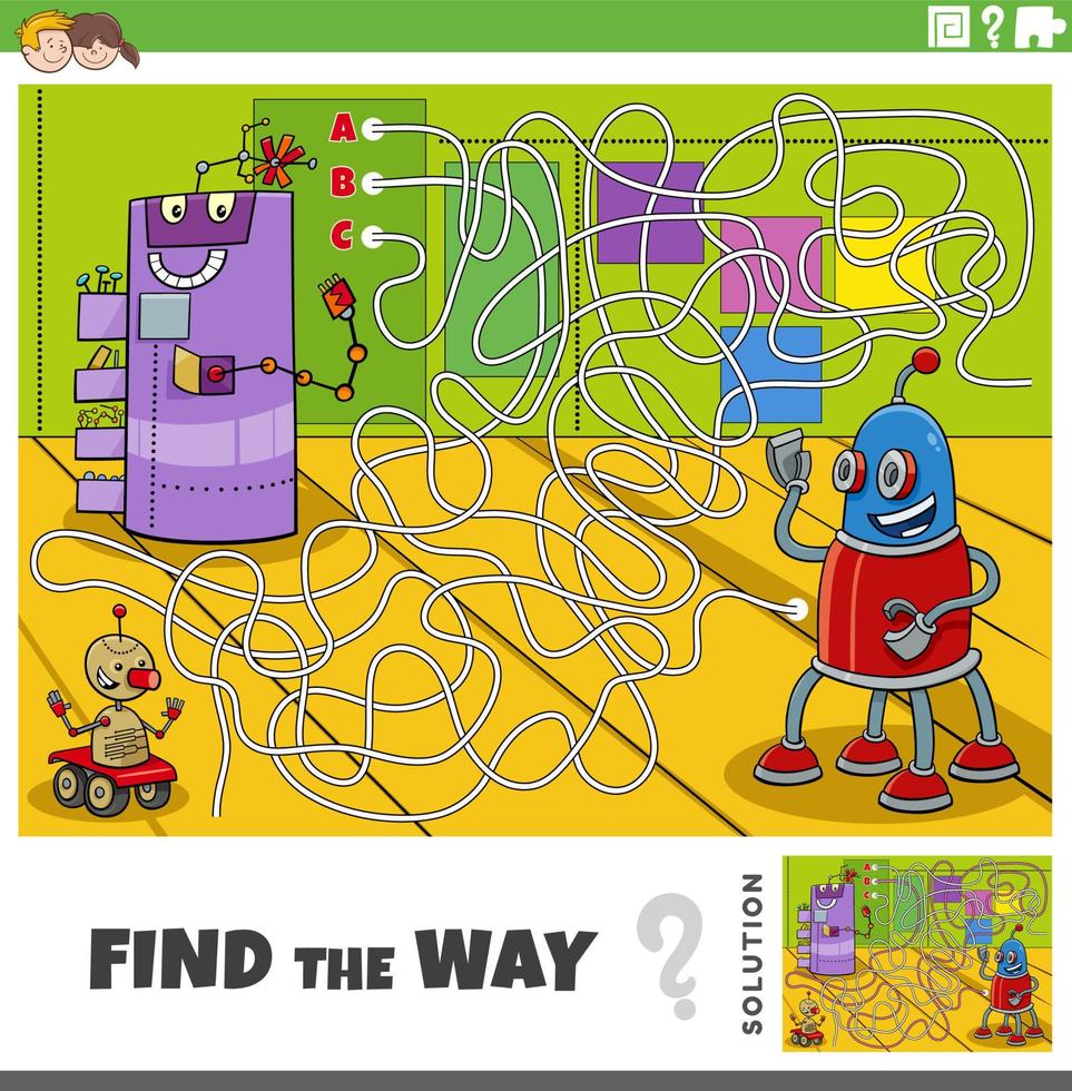 find the way maze game with cartoon robots vector