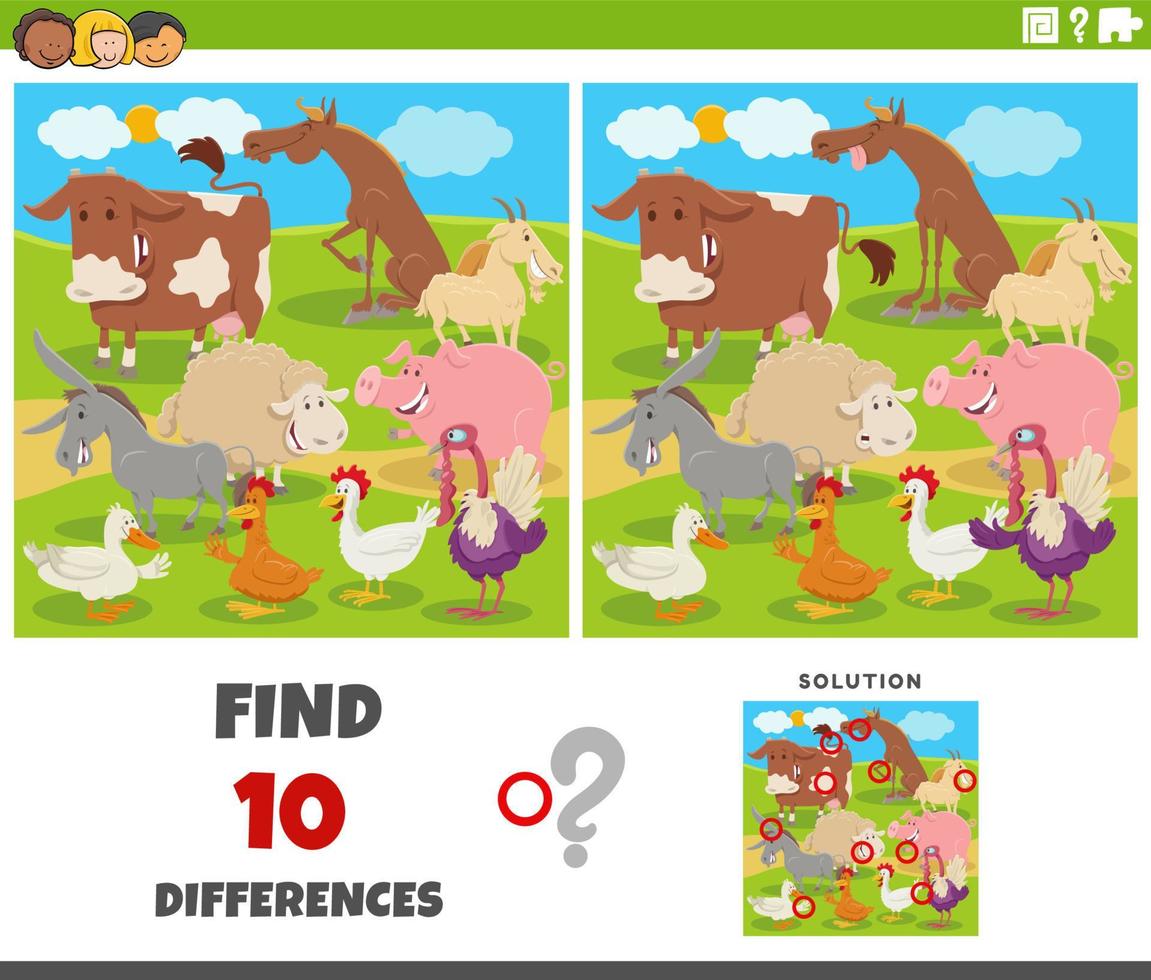 differences game with cartoon farm animals vector