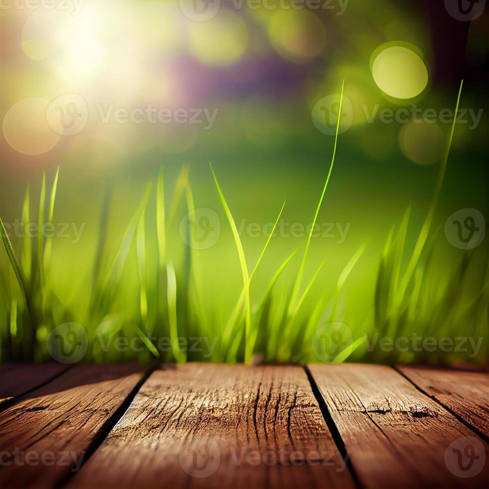 Wood table top close up, beautiful texture of green meadow grass, abstract blur natural bokeh - image photo