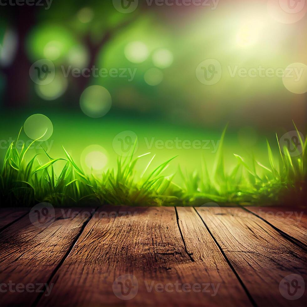 Wood table top close up, beautiful texture of green meadow grass, abstract blur natural bokeh - image photo