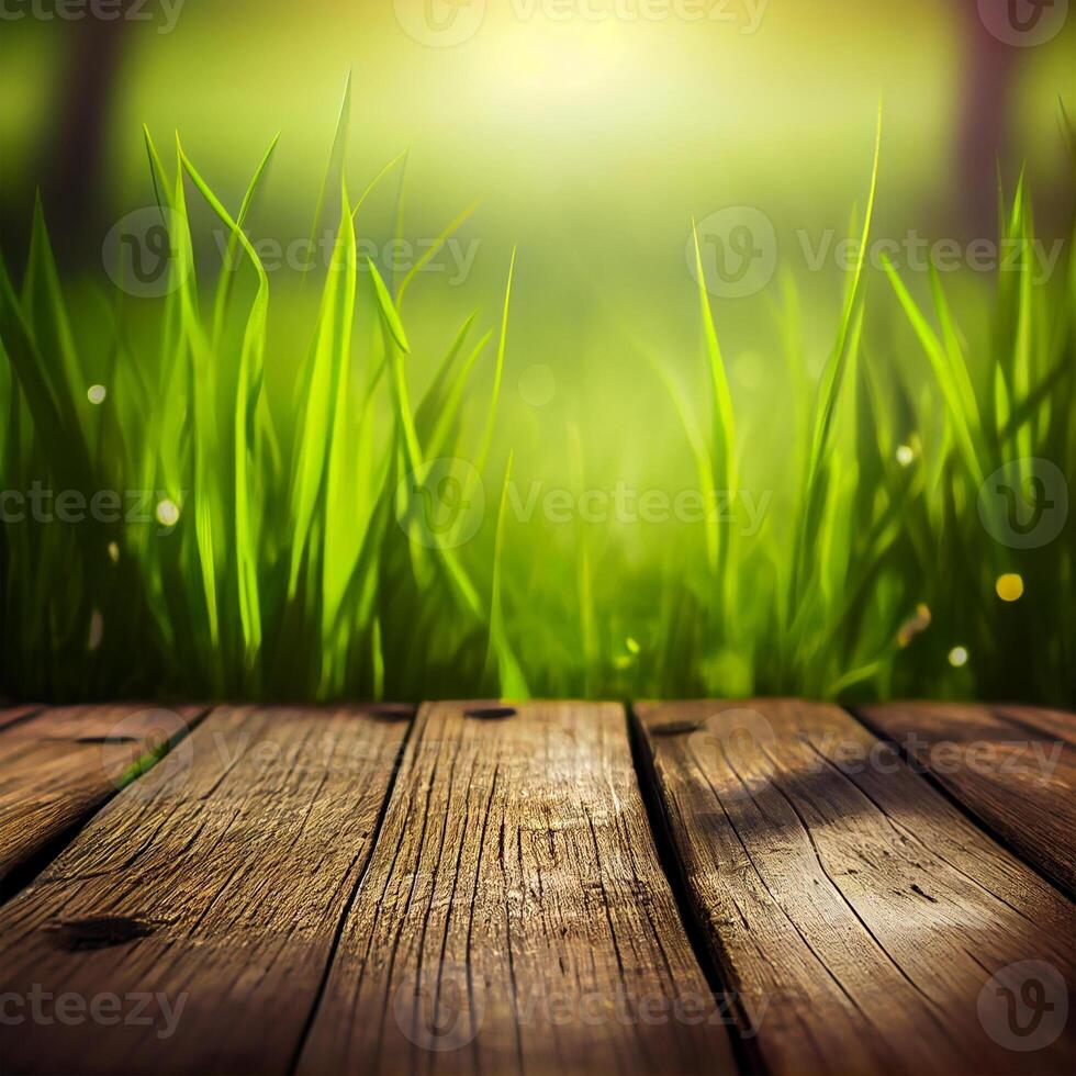 Wood table top close up, beautiful texture of green meadow grass, abstract blur natural bokeh - image photo