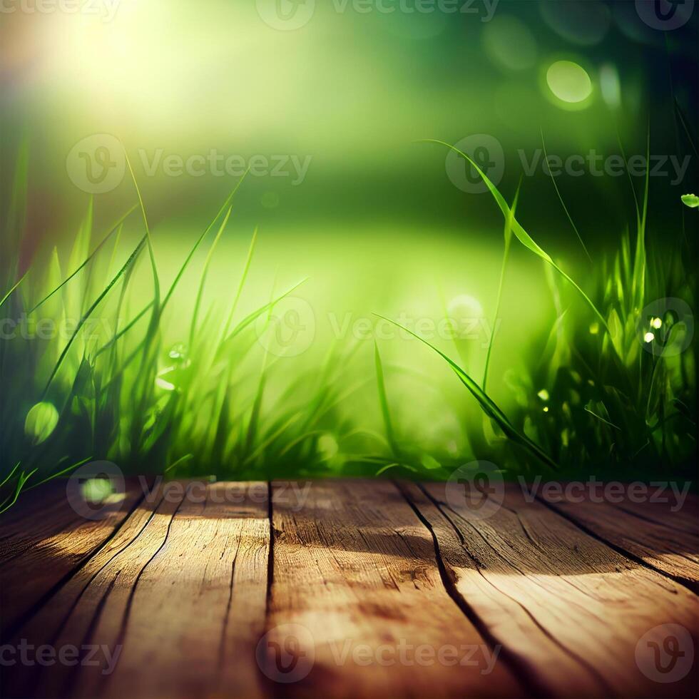 Wood table top close up, beautiful texture of green meadow grass, abstract blur natural bokeh - image photo