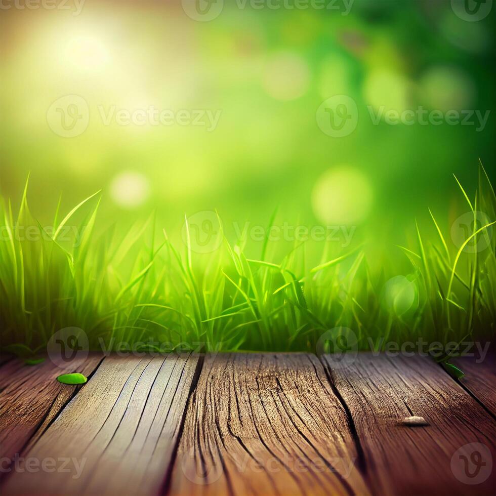 Wood table top close up, beautiful texture of green meadow grass, abstract blur natural bokeh - image photo