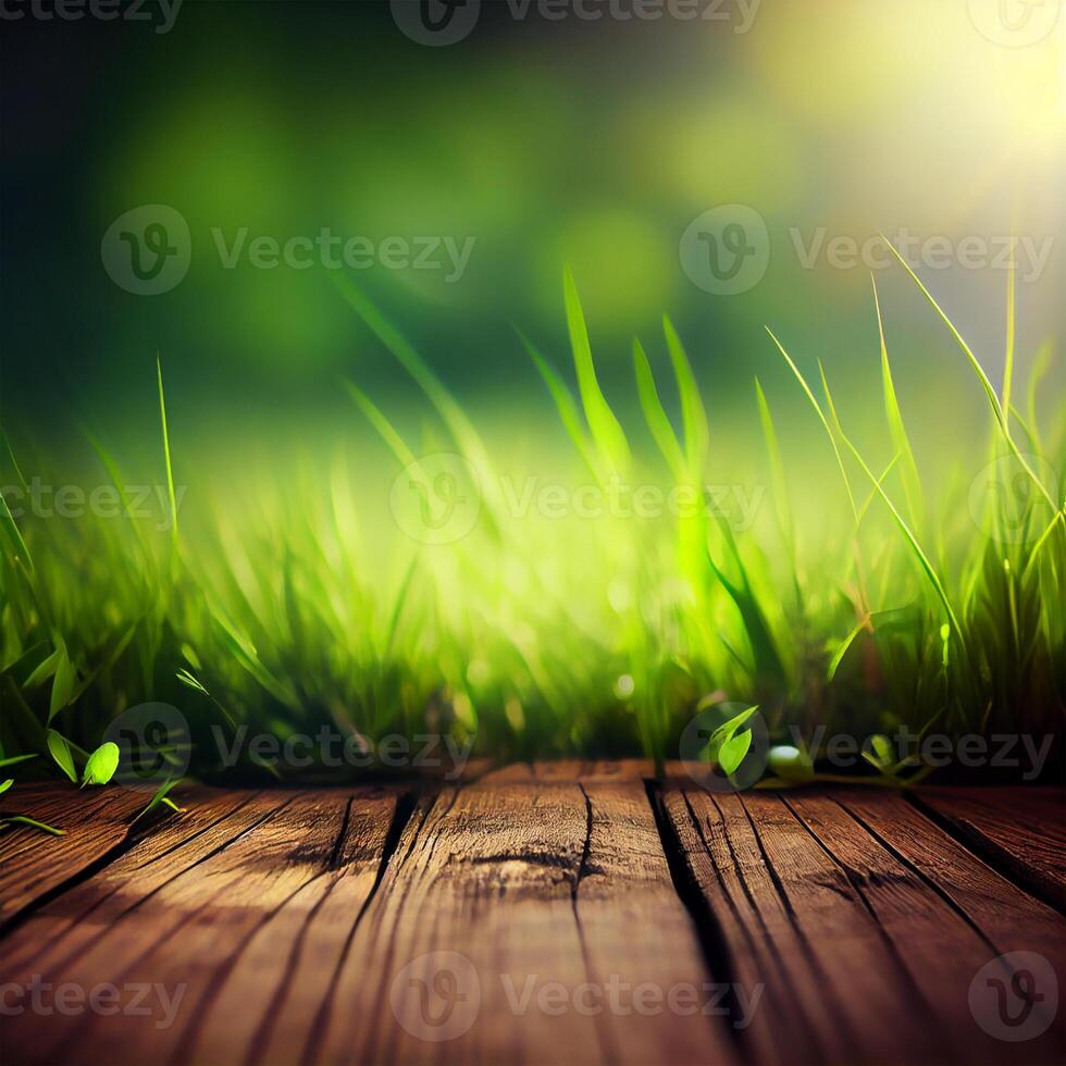 Wood table top close up, beautiful texture of green meadow grass, abstract blur natural bokeh - image photo
