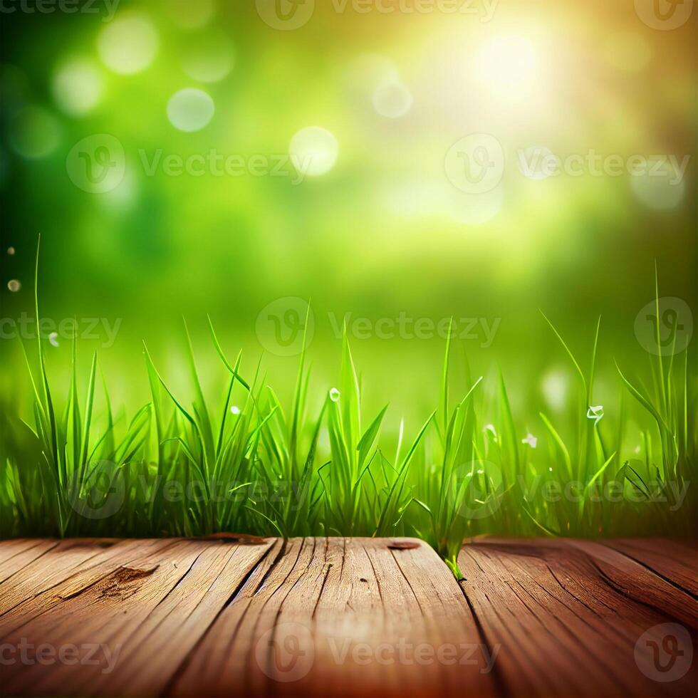 Wood table top close up, beautiful texture of green meadow grass, abstract blur natural bokeh - image photo
