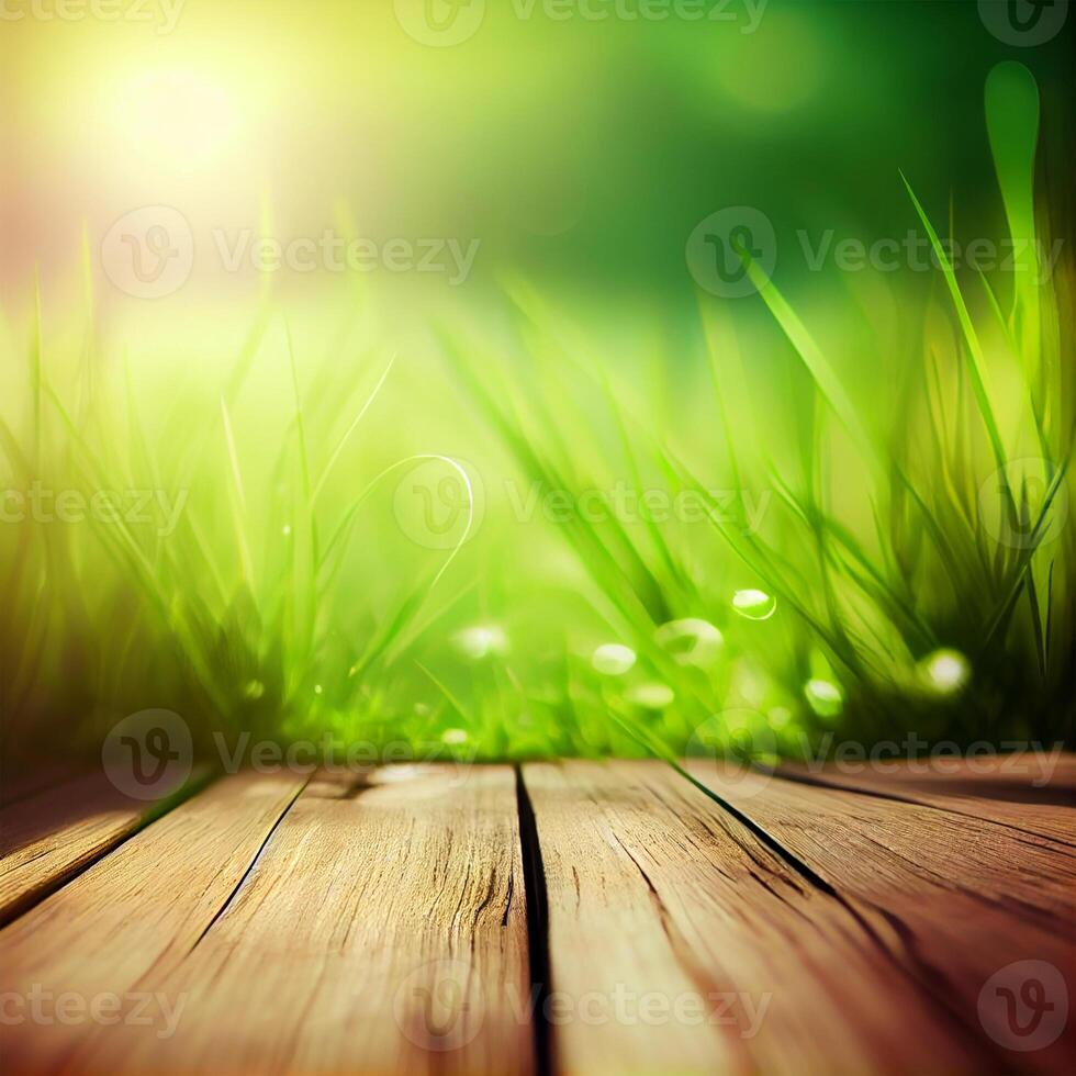 Wood table top close up, beautiful texture of green meadow grass, abstract blur natural bokeh - image photo