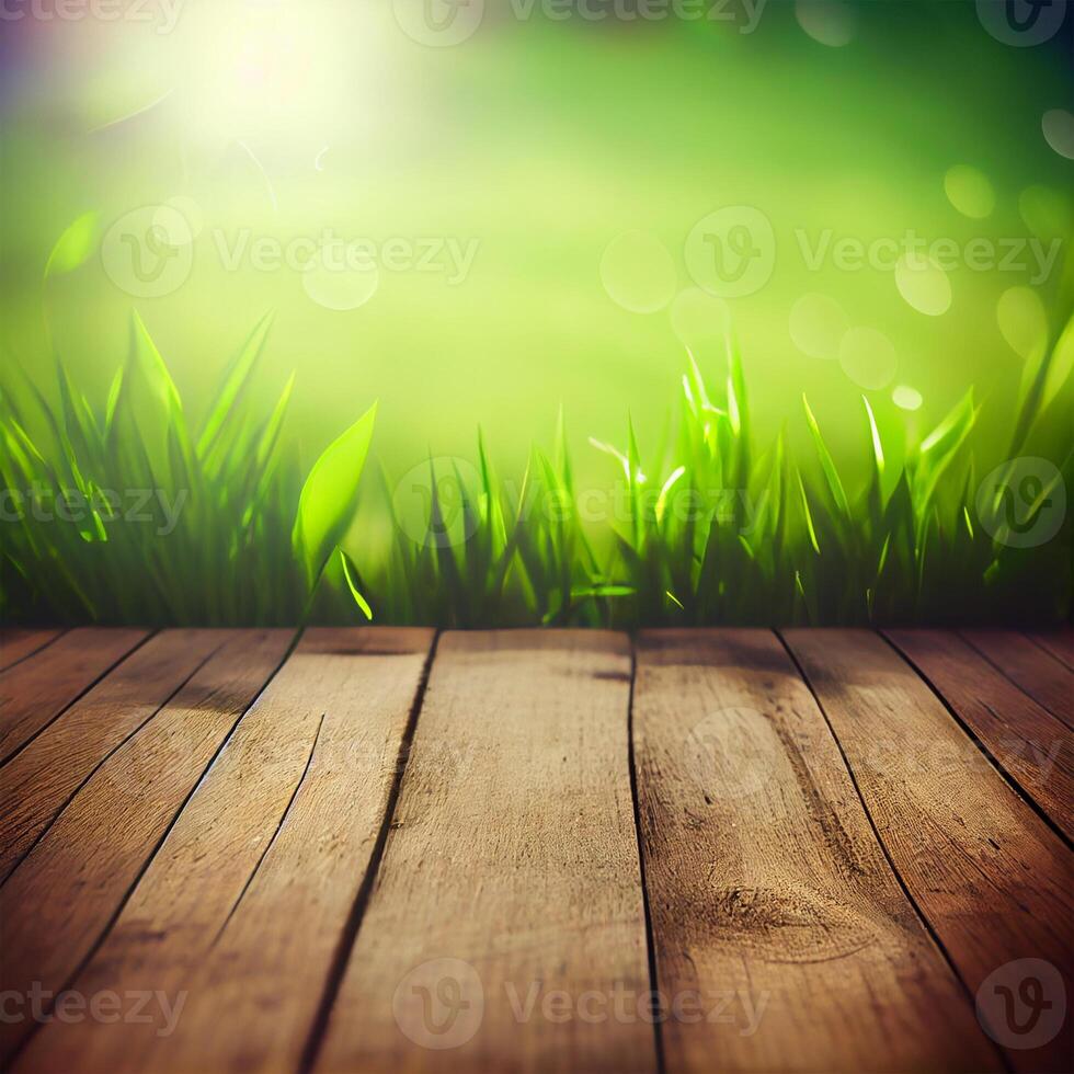Wood table top close up, beautiful texture of green meadow grass, abstract blur natural bokeh - image photo