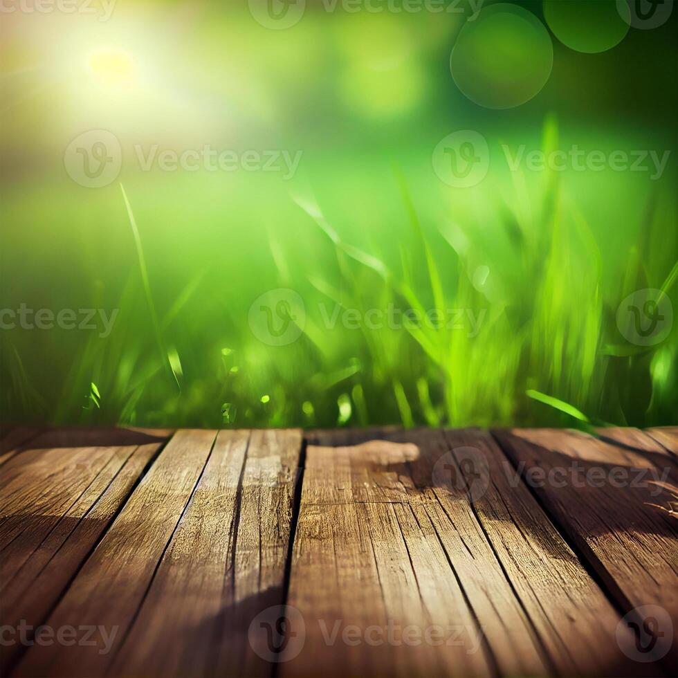 Wood table top close up, beautiful texture of green meadow grass, abstract blur natural bokeh - image photo