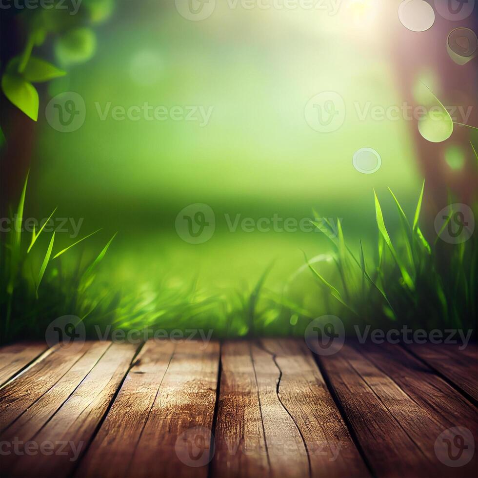 Wood table top close up, beautiful texture of green meadow grass, abstract blur natural bokeh - image photo