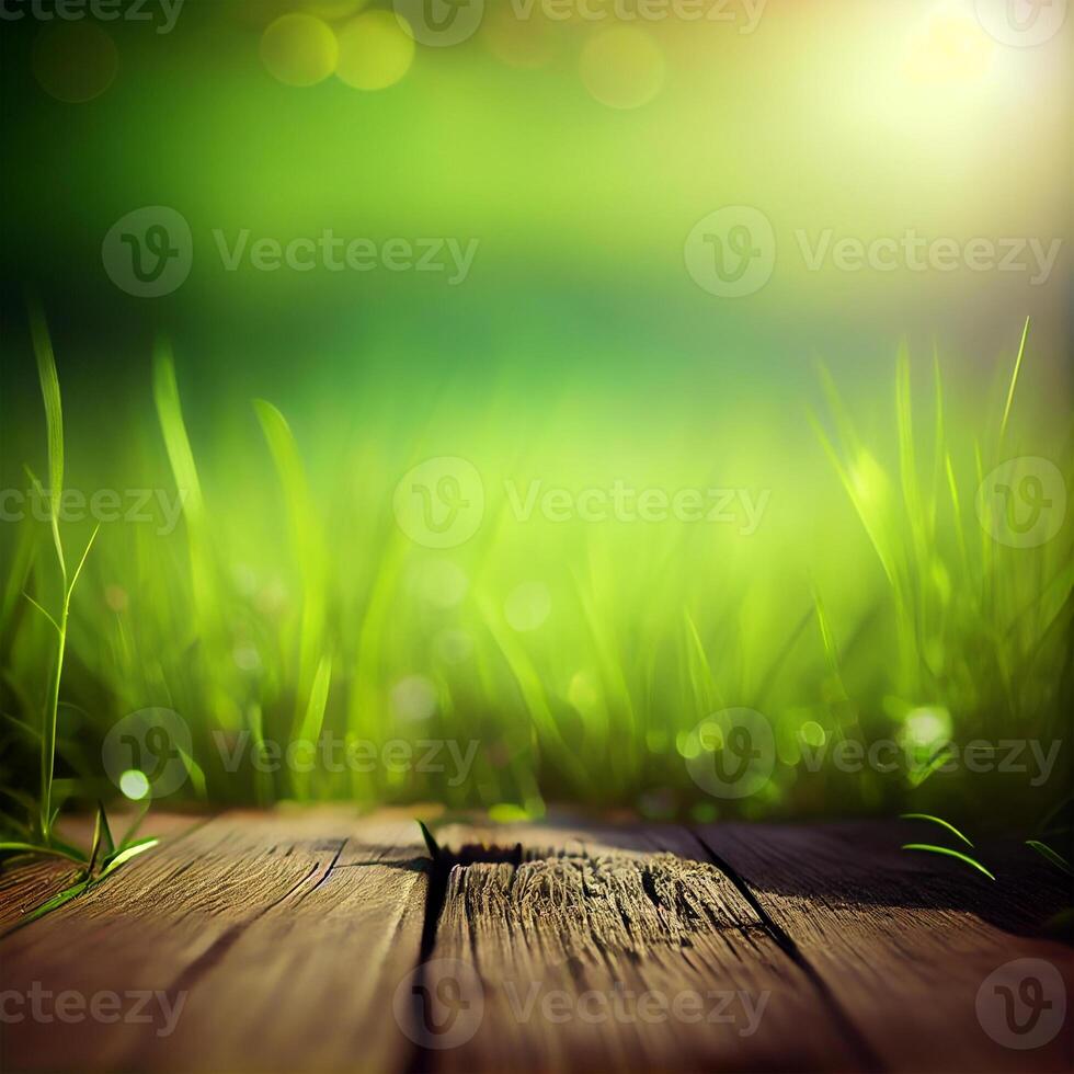 Wood table top close up, beautiful texture of green meadow grass, abstract blur natural bokeh - image photo