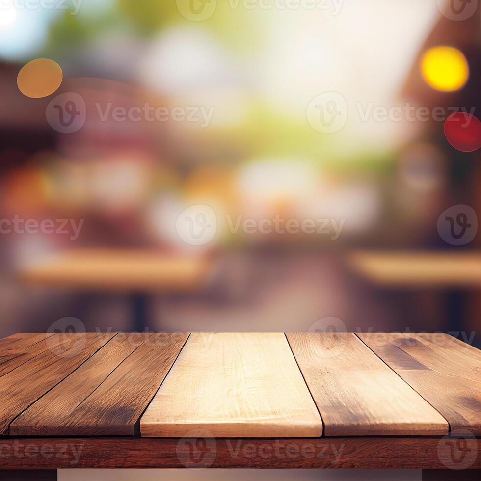 Wooden table top in cafe blurred bokeh background - image photo