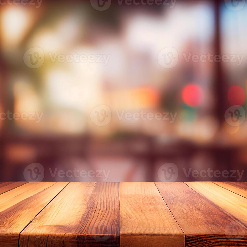 Wooden table top in cafe blurred bokeh background - image photo