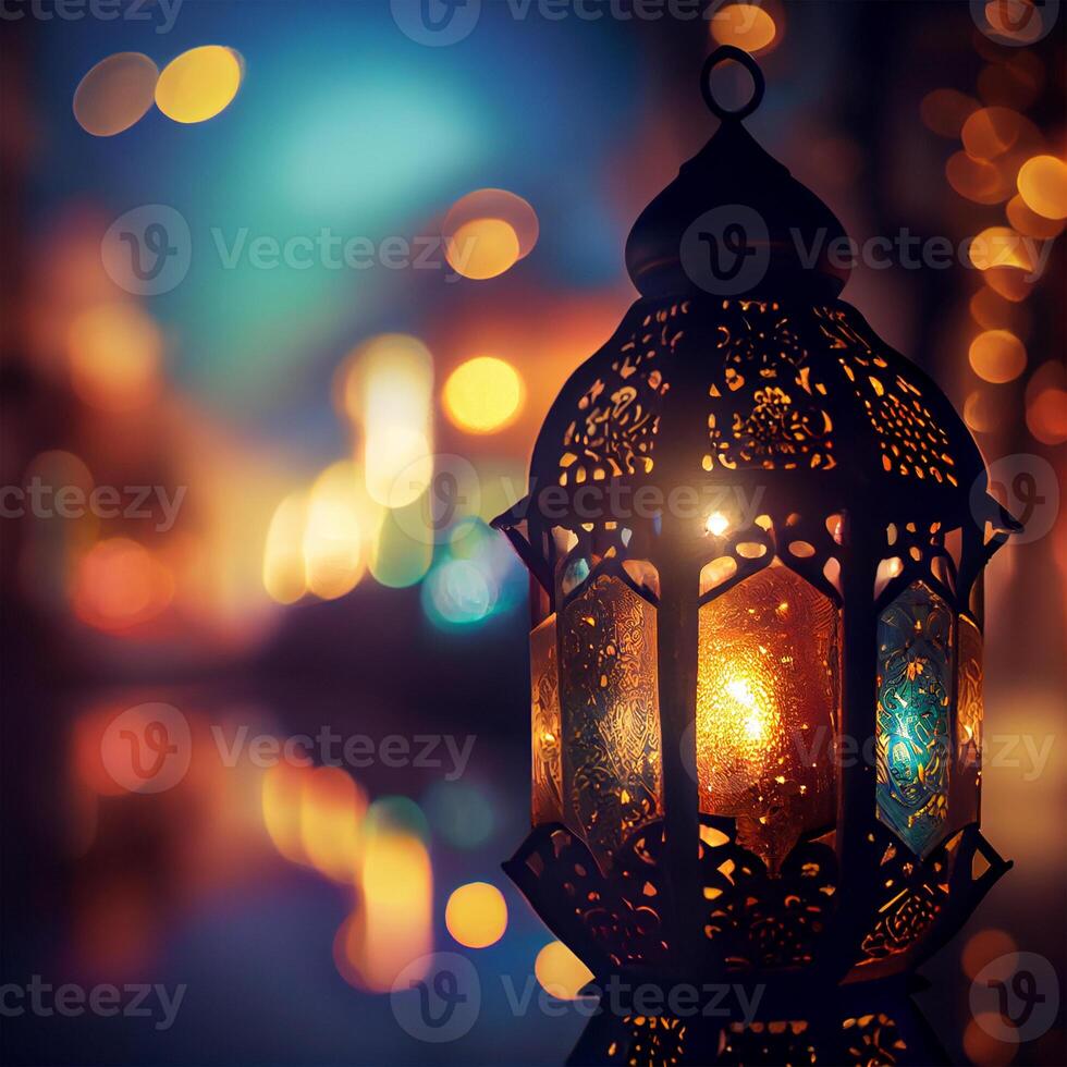 Ornate original traditional oriental asian lantern with beautiful bokeh of holiday lights and mosque in the background - image photo