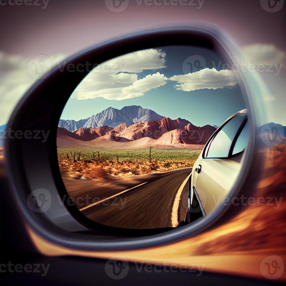 Car rearview mirror with nature reflection - AI generated image photo