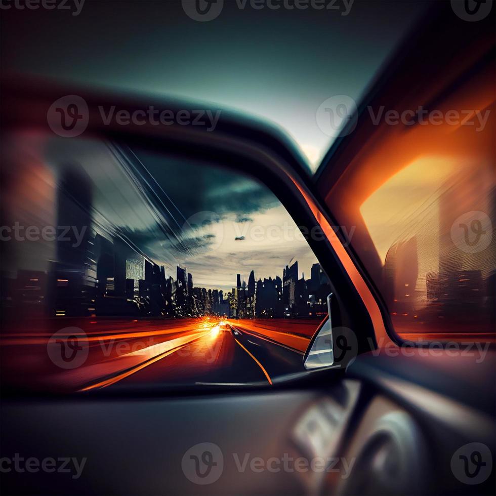 Car rearview mirror with city road reflection - AI generated image photo