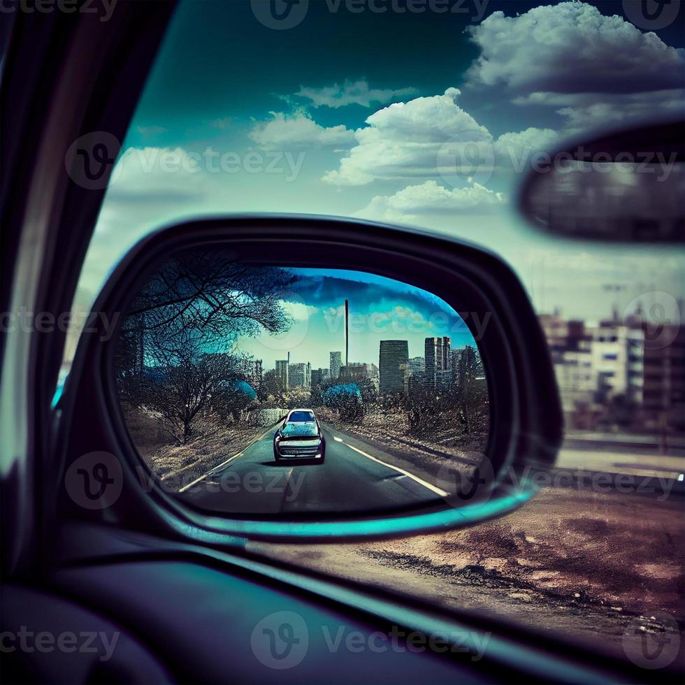 Car rearview mirror with city road reflection - AI generated image photo