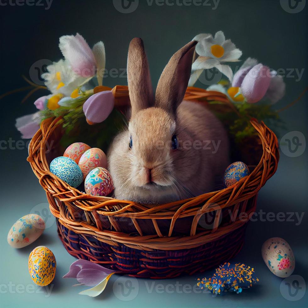 mullido Pascua de Resurrección conejito con un cesta de festivo Pascua de Resurrección huevos - ai generado imagen foto
