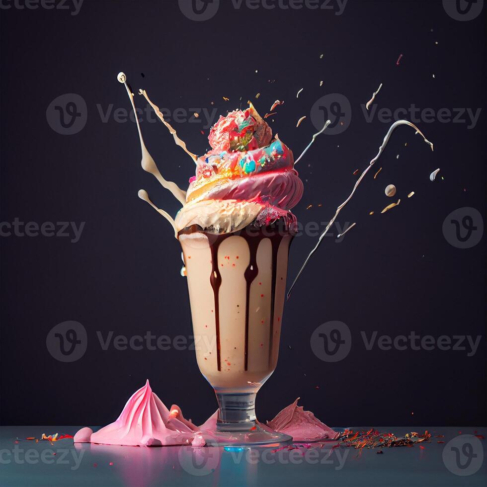 Stylish beautiful fruity milkshake, chocolate drop splashes - image photo