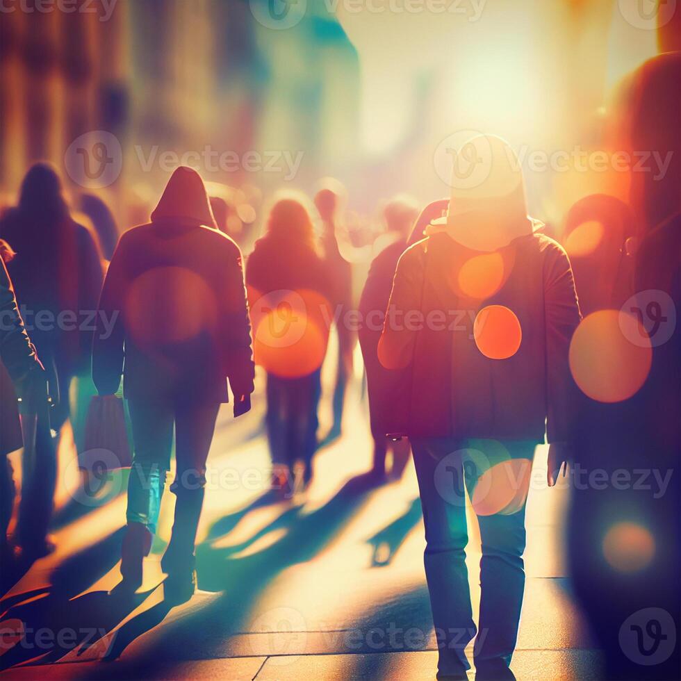 Crowd of people walking from work, sunset blurred bokeh background - image photo