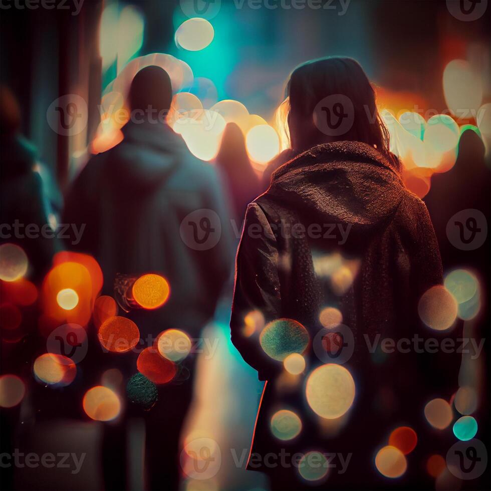 Crowd of people walking from work, sunset blurred bokeh background - image photo