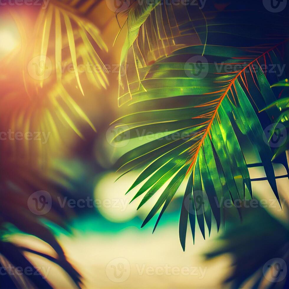 Blur beautiful nature green palm leaf on tropical beach with bokeh sun light flare wave abstract background. Summer vacation and business travel concept space - image photo