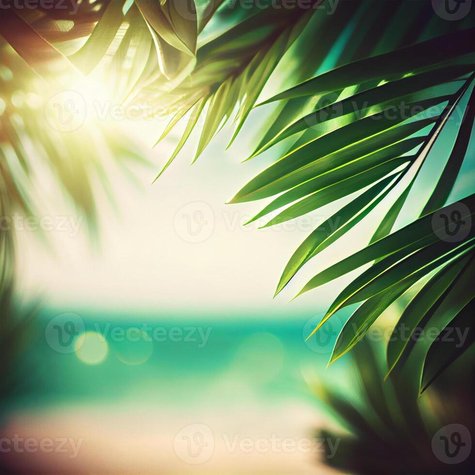 Blur beautiful nature green palm leaf on tropical beach with bokeh sun light flare wave abstract background. Summer vacation and business travel concept space - image photo