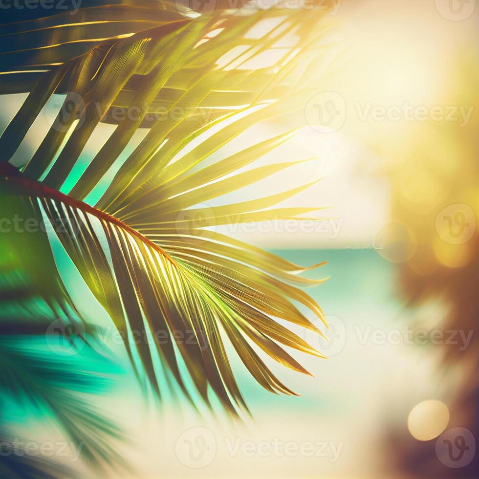 Blur beautiful nature green palm leaf on tropical beach with bokeh sun light flare wave abstract background. Summer vacation and business travel concept space - image photo